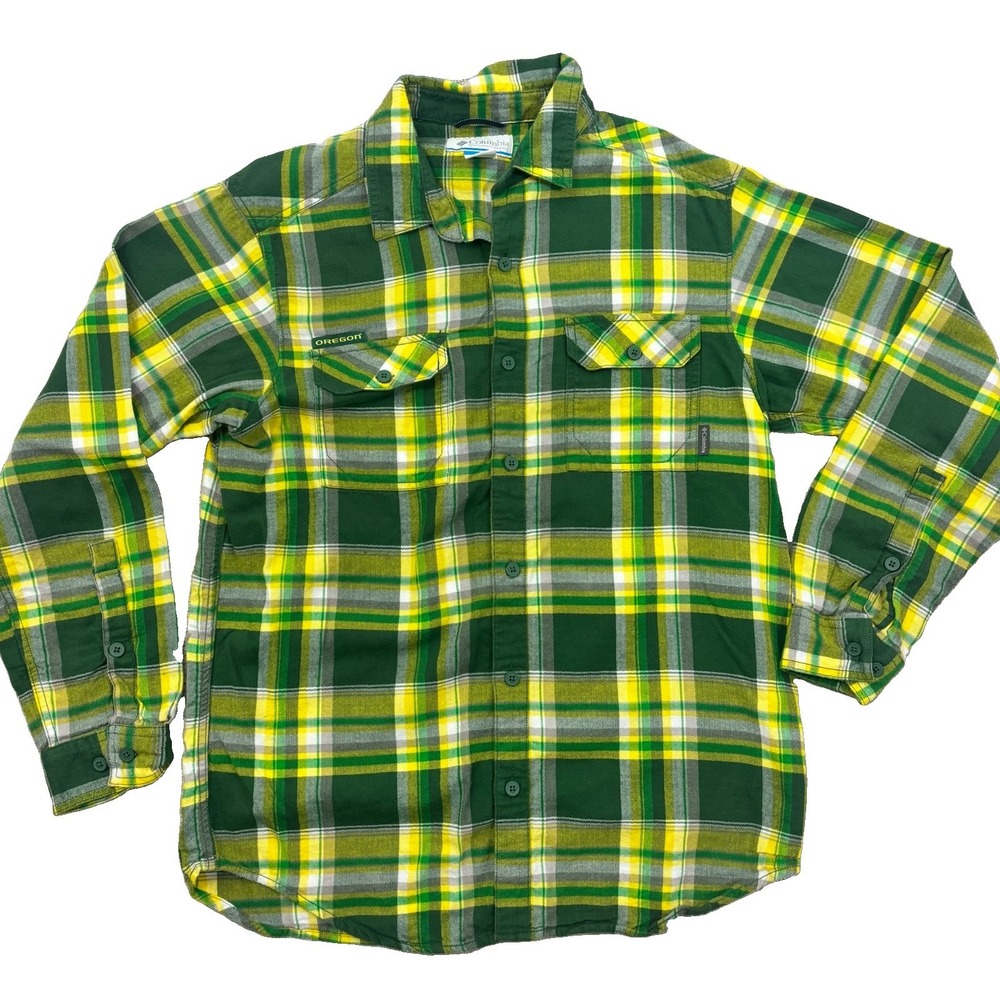 Oregon Ducks Columbia Button Up Flannel Shirt Mens Medium  Green Yellow Plaid
